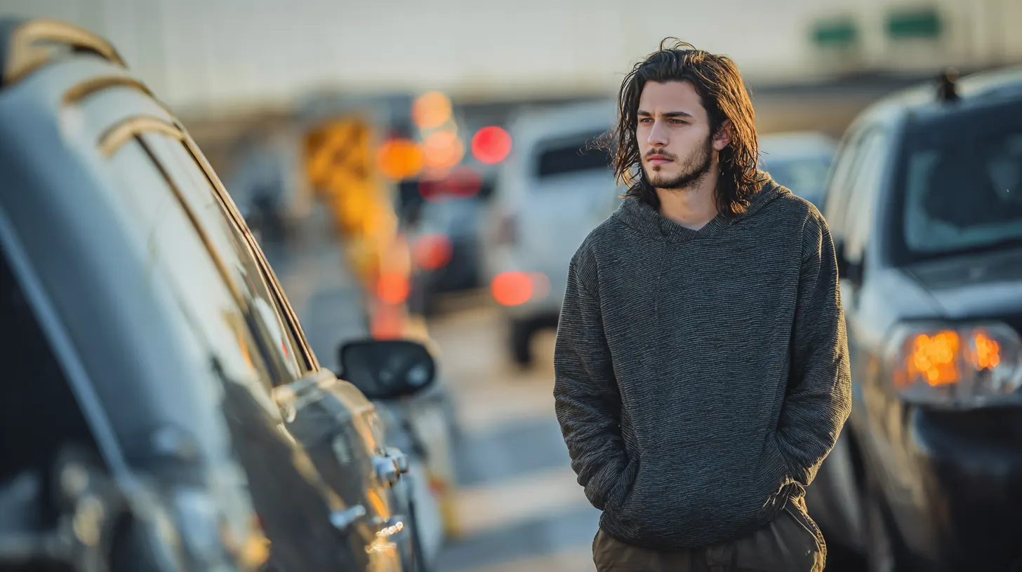 Young man beside his car on a highway shoulder with hazards on, calling for help before an Exeter Auto Loan request