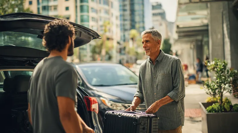 Rideshare driver in his 50s helping a passenger load a suitcase at a city curb, keeping his car earning with an Exeter Auto Loan match