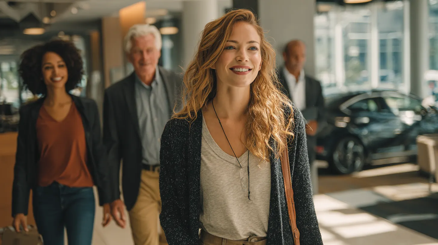 Exeter Auto Loan team of four coworkers walking together through a bright modern office lobby