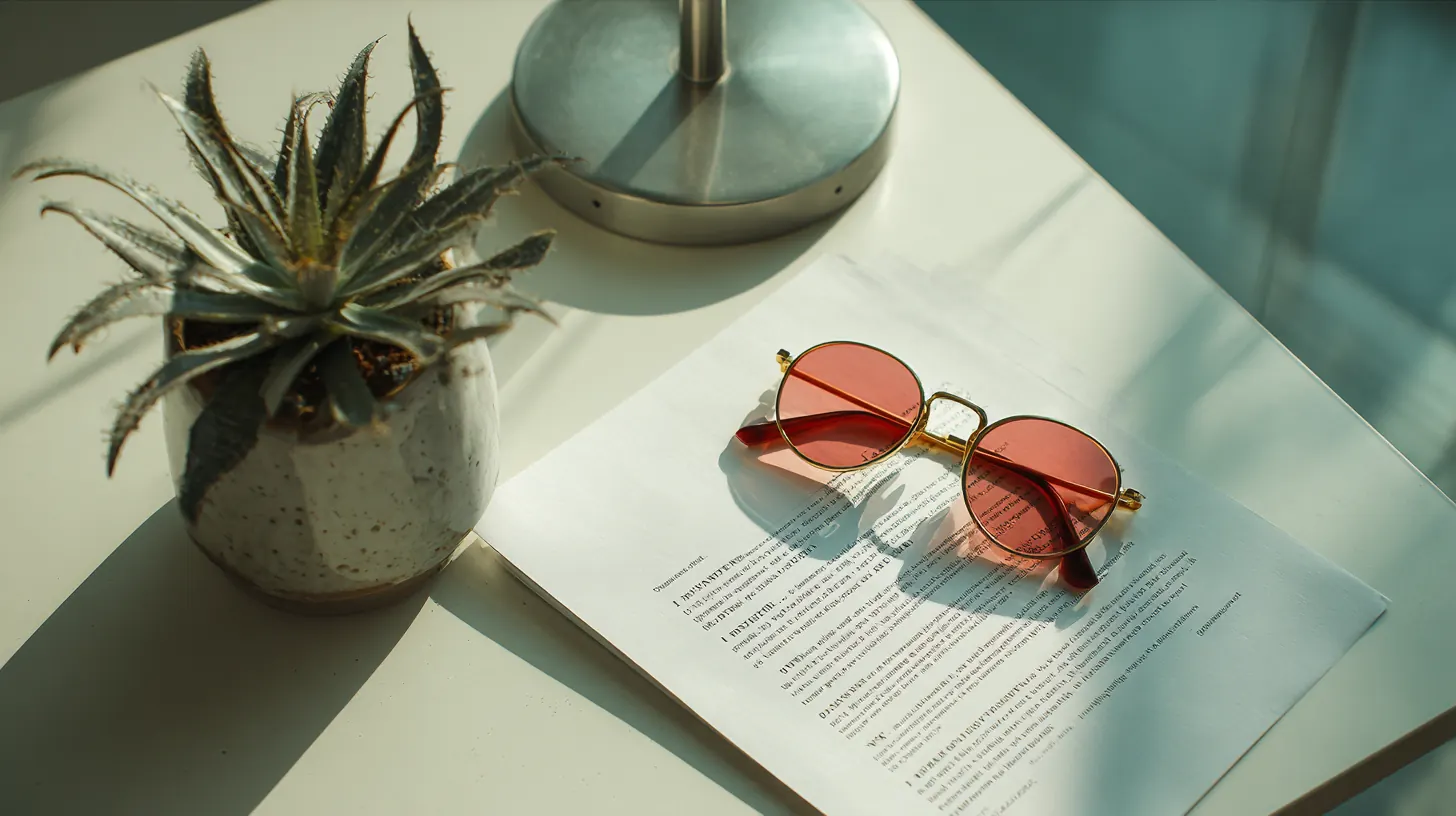 Exeter Auto Loan advertiser disclosure printed document with reading glasses and a small plant on a white desk
