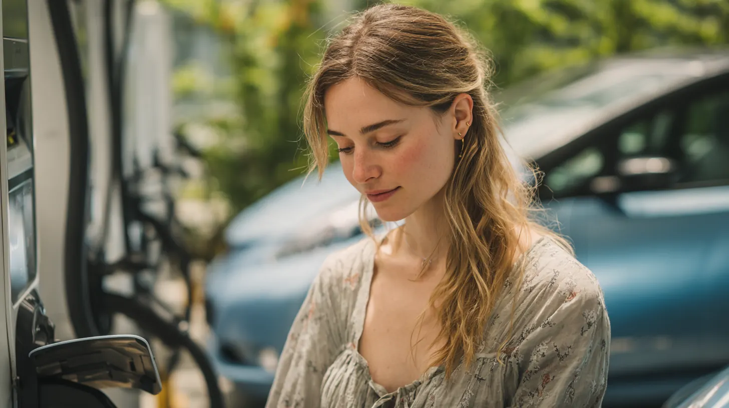 Young woman in her 20s plugging in her electric car at a public charging station before starting an Exeter Auto Loan request
