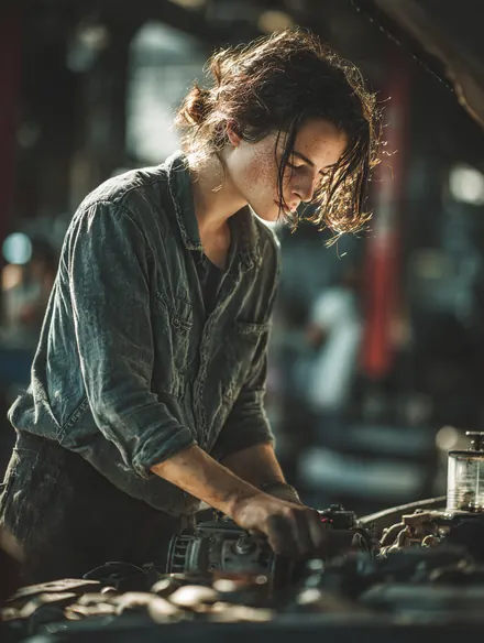 Young mechanic replacing a serpentine belt under the hood of a car