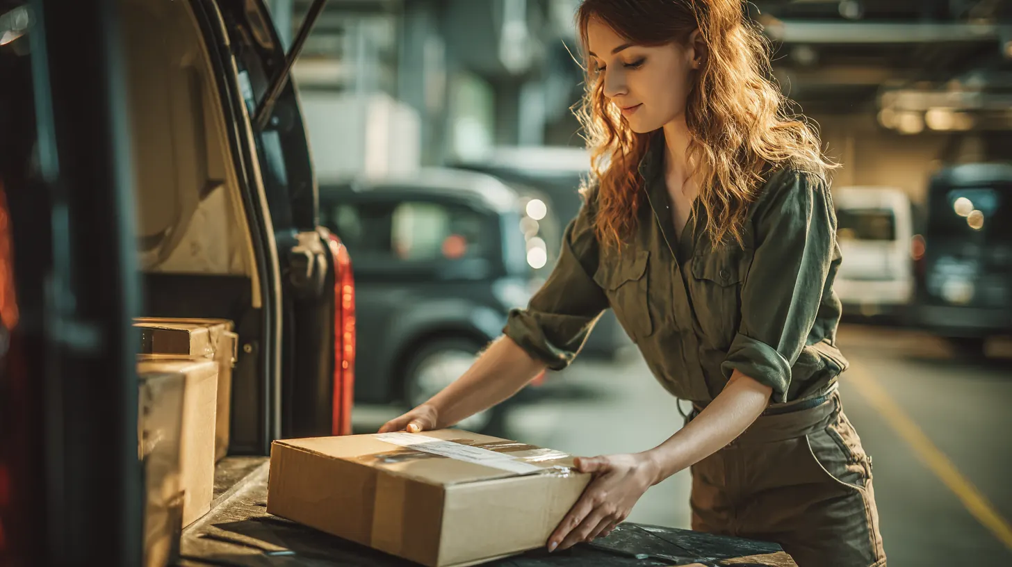 Delivery driver's hands sliding a package into her compact van, illustrating Exeter Auto Loan help with car costs on bad credit
