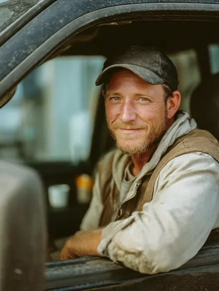 Man in his 40s grinning through the open driver window of his pickup truck