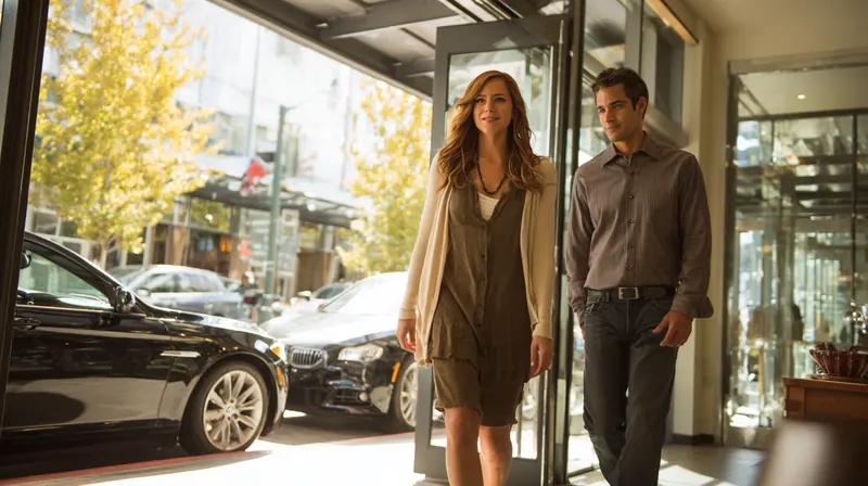 Couple in their 40s leaving a bank branch toward their sedan while weighing an Exeter Auto Loan comparison