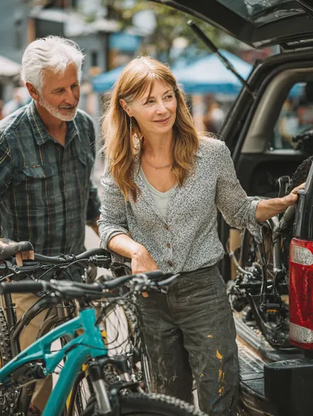 Couple in their 50s unloading bicycles from a rear bike rack at a city park