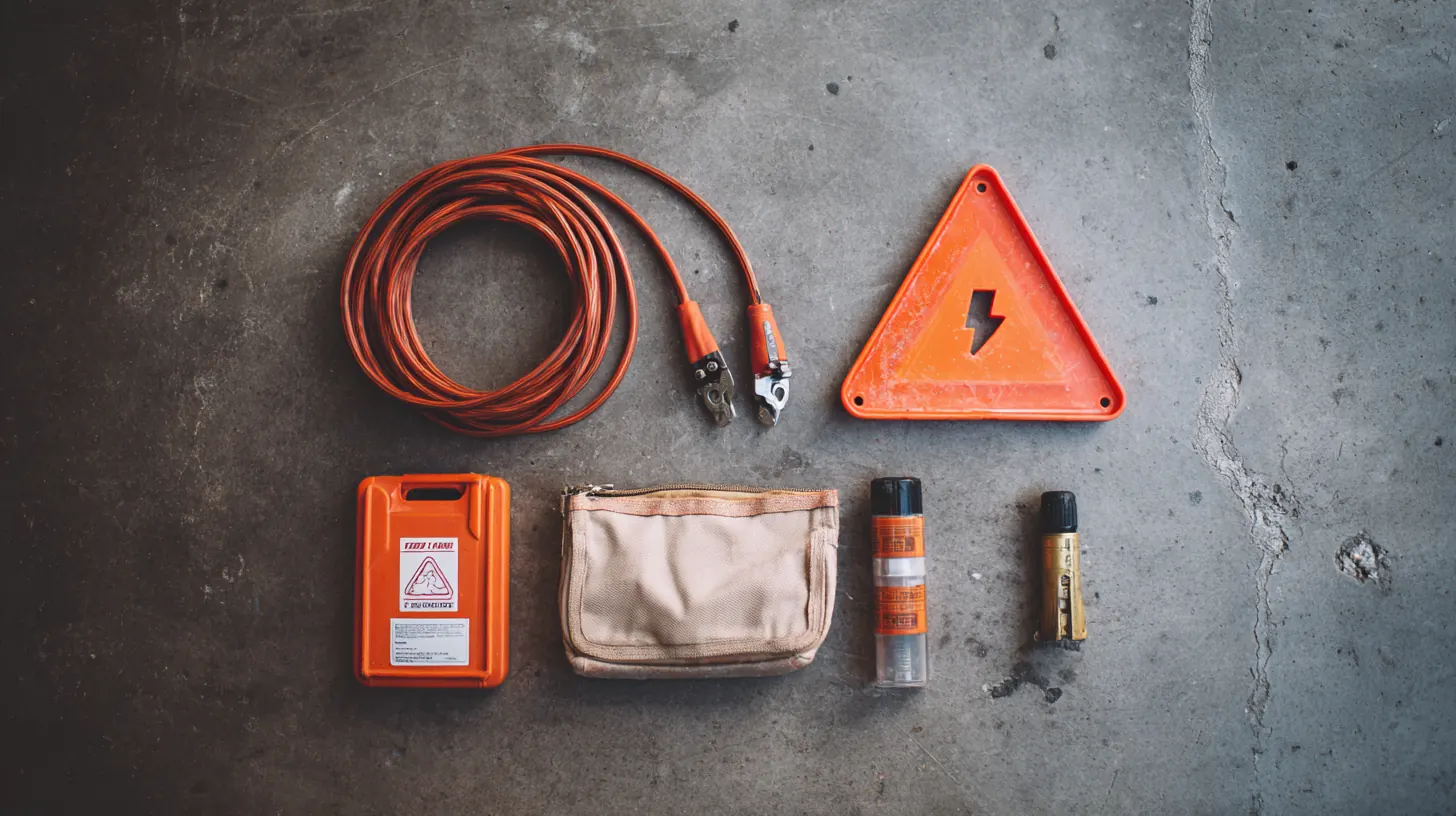 Roadside emergency kit with jumper cables, warning triangle, flashlight and first-aid pouch on a garage floor, Exeter Auto Loan blog