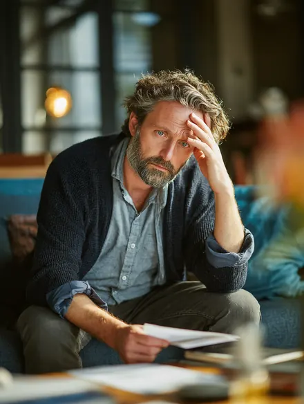 Man in his 50s on a living-room sofa with his hand on his forehead, worried about an unexpected bill