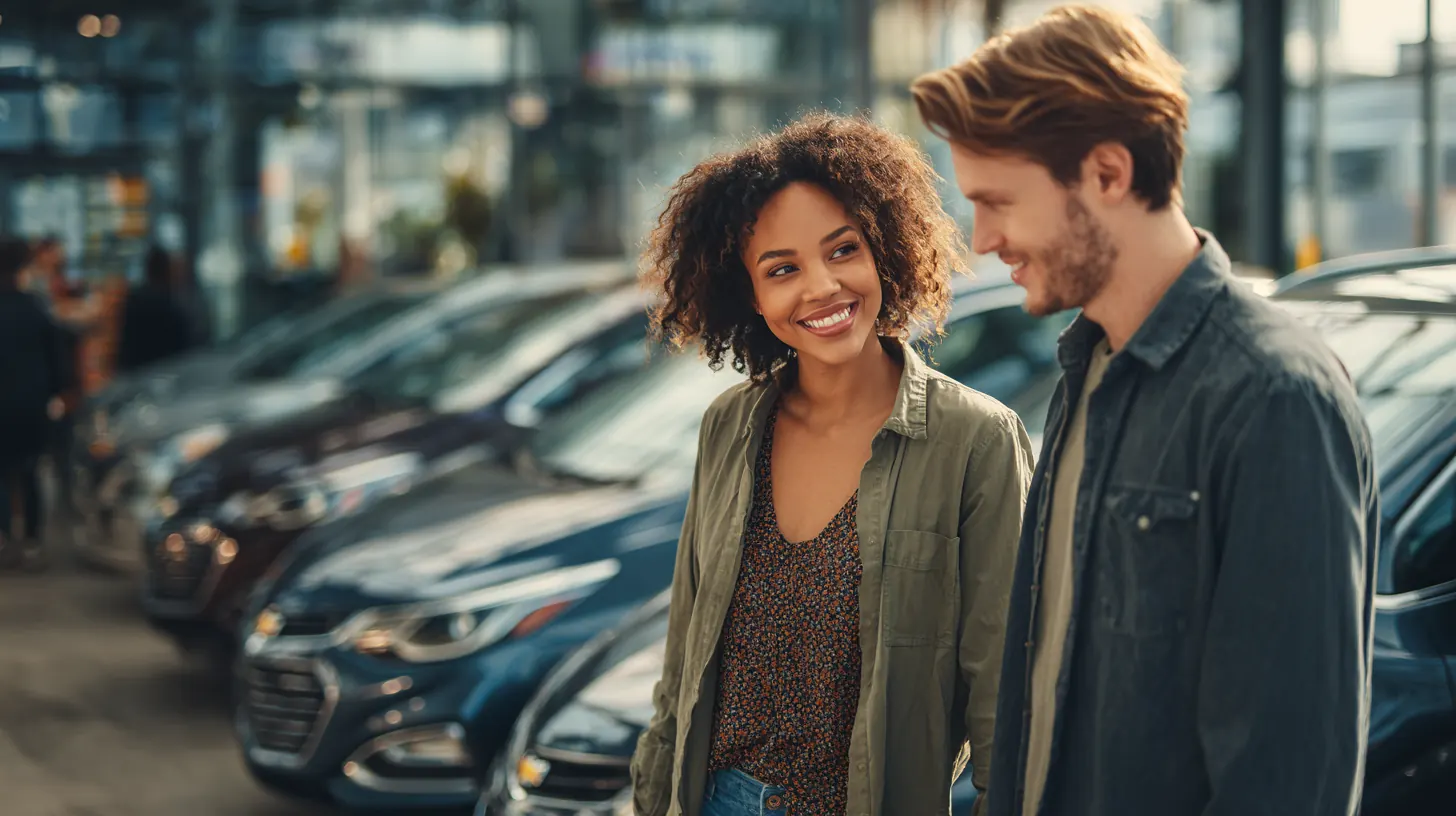 Young couple pointing at a compact sedan on a used-car lot while weighing an Exeter Auto Loan down payment request