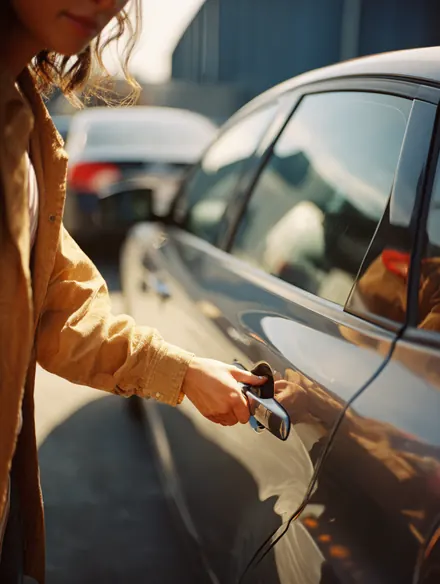 Close-up of a hand opening the driver door of a shiny used hatchback