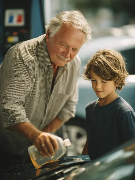 Grandfather in his 60s showing his grandson how to refill windshield washer fluid in the family car