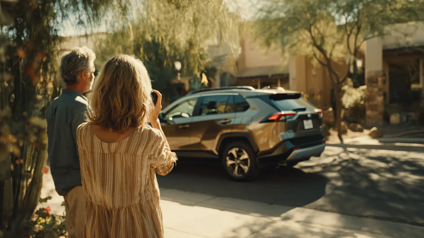 Couple photographing a dent on their SUV door to document a claim before an Exeter Auto Loan insurance loan request