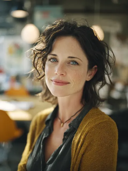 Insurance agent smiling confidently in her bright modern agency office