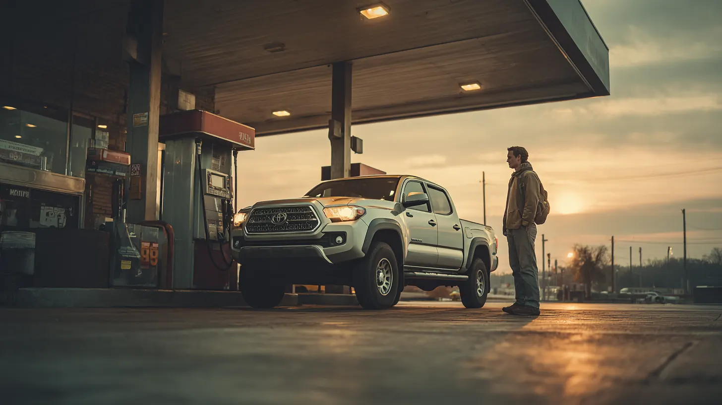 Man refueling his pickup truck at a modern gas station in the evening, planning car costs with the Exeter Auto Loan calculator