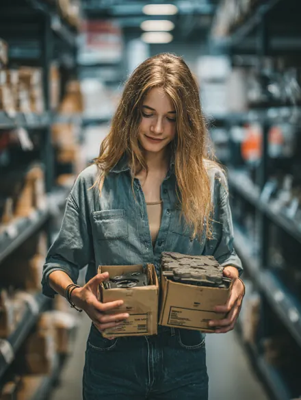 Hands holding two boxes of brake pads side by side in an auto parts store aisle