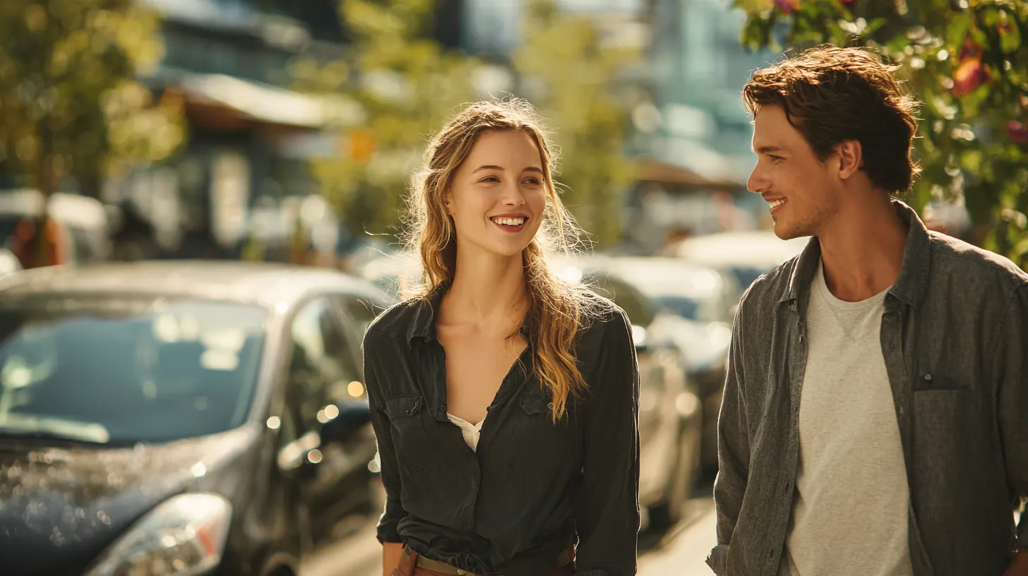 Young couple laughing as they walk to their parked hatchback on a sunny downtown street after comparing lenders with Exeter Auto Loan