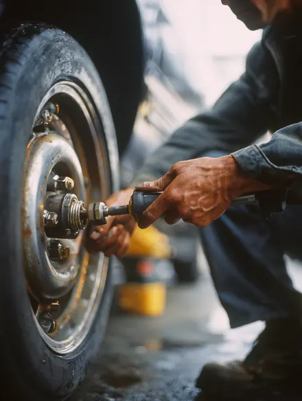 Technician's hands tightening lug nuts with a torque wrench on a freshly mounted wheel