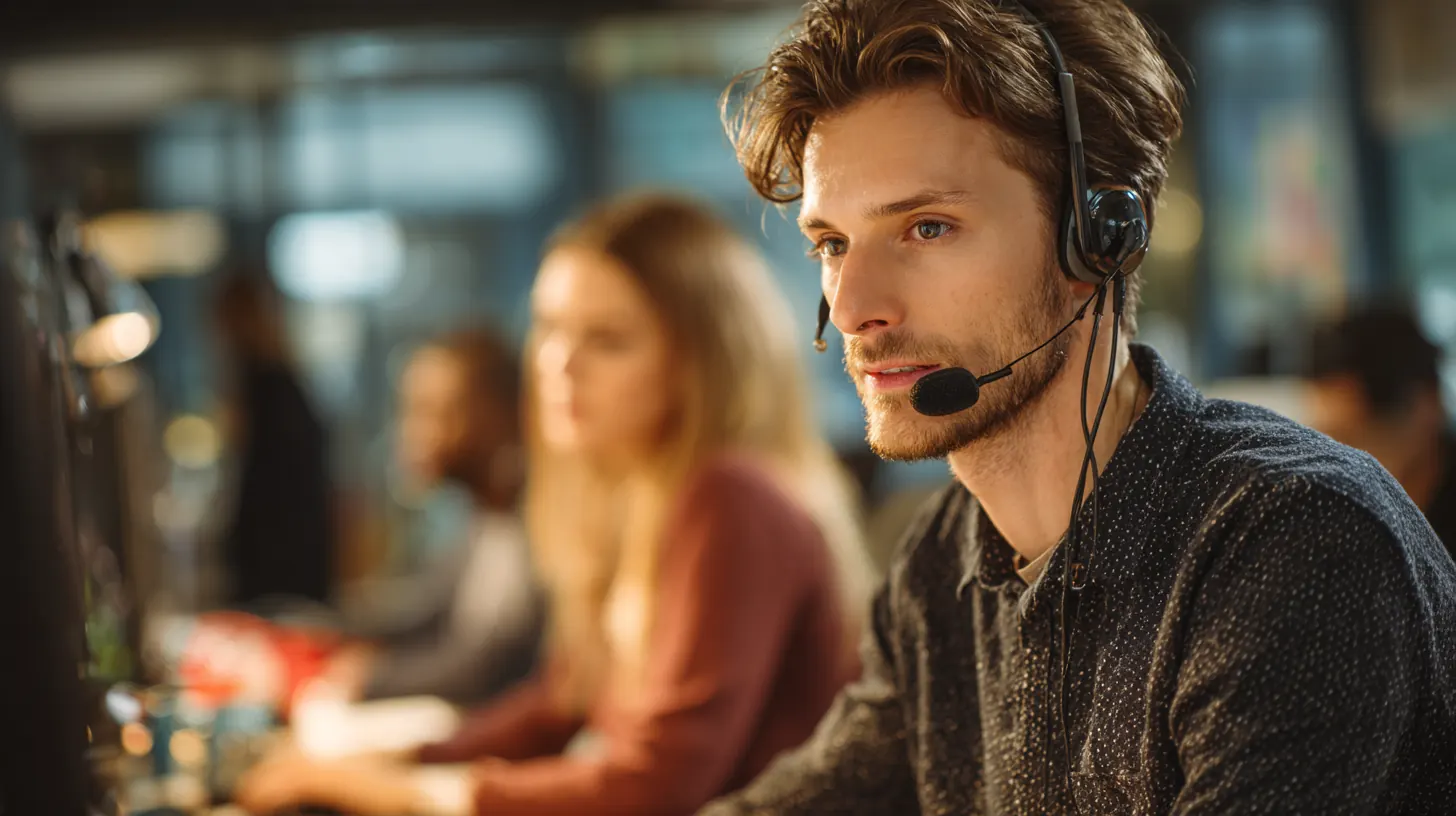 Exeter Auto Loan customer support specialist wearing a headset in a bright modern office