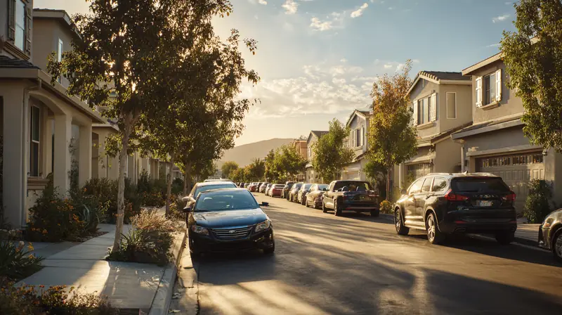 Modern suburban street with cars parked in driveways at golden hour