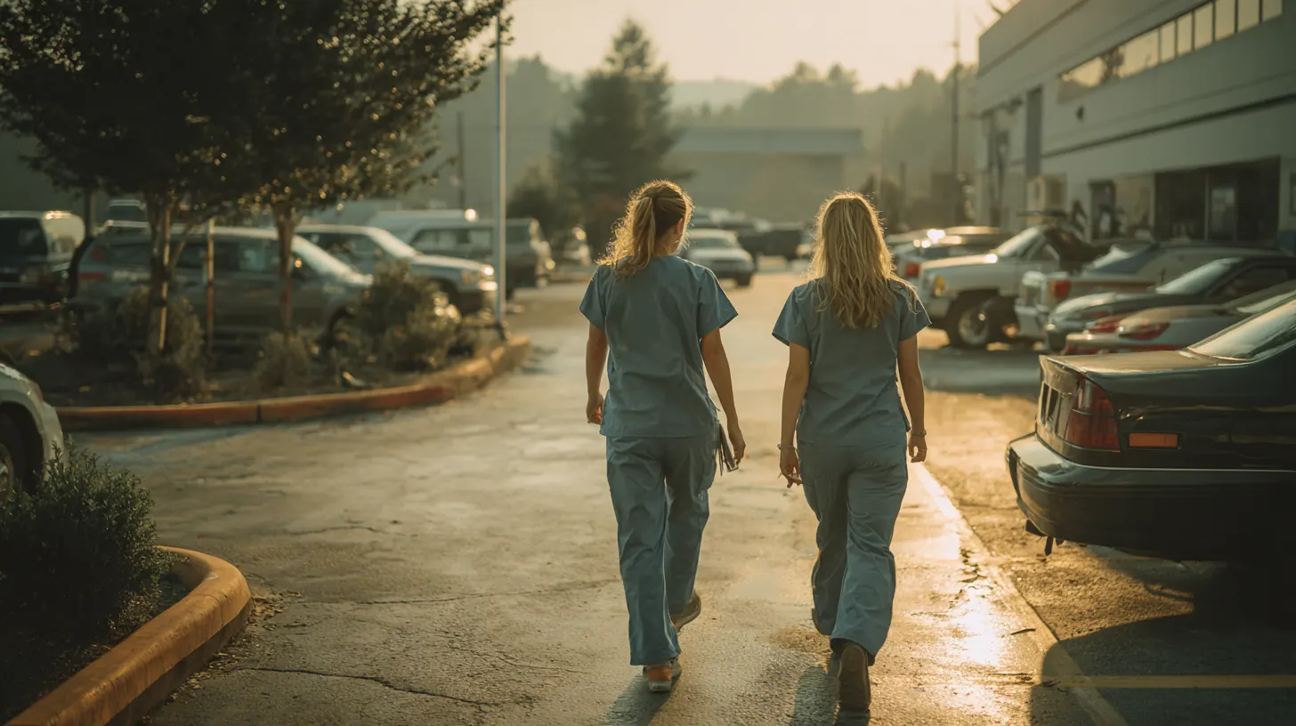 Two nurses in their 40s in scrubs crossing a hospital parking lot toward their cars at sunrise, drivers checking Exeter Auto Loan eligibility