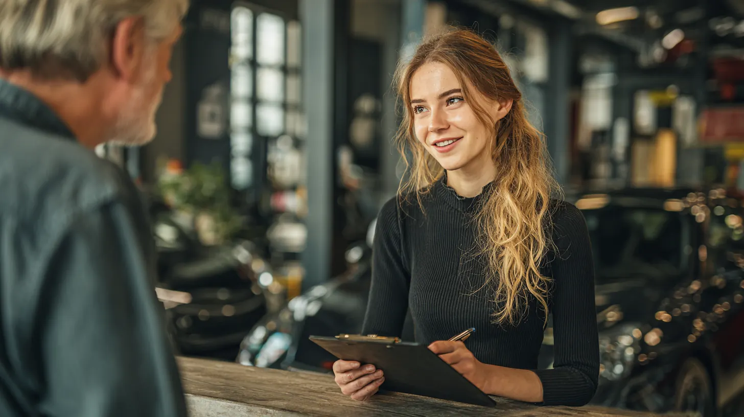 Exeter Auto Loan FAQ: a service advisor in her 30s explaining an inspection report on a tablet to a customer in his 40s at a sleek shop counter