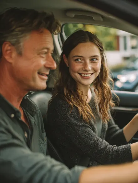A father in his 40s teaching his teenage daughter to drive on a quiet suburban street, both smiling