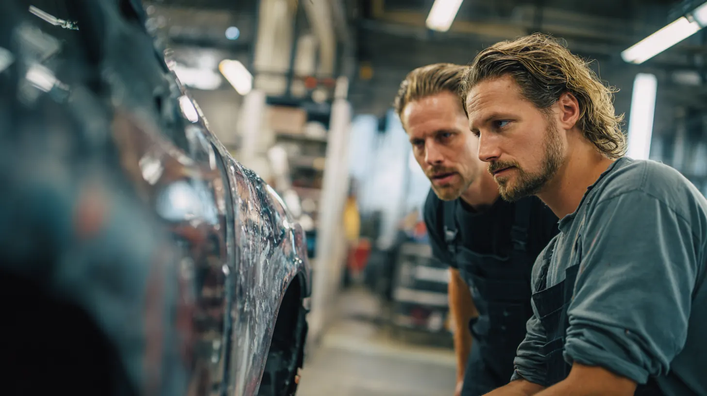 Exeter Auto Loan glossary: two collision-repair technicians in their 30s inspecting a freshly painted bumper under bright paint-booth lights