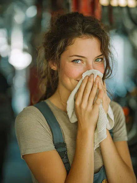 Mechanic in her 20s wiping her hands with a shop rag after finishing a repair job