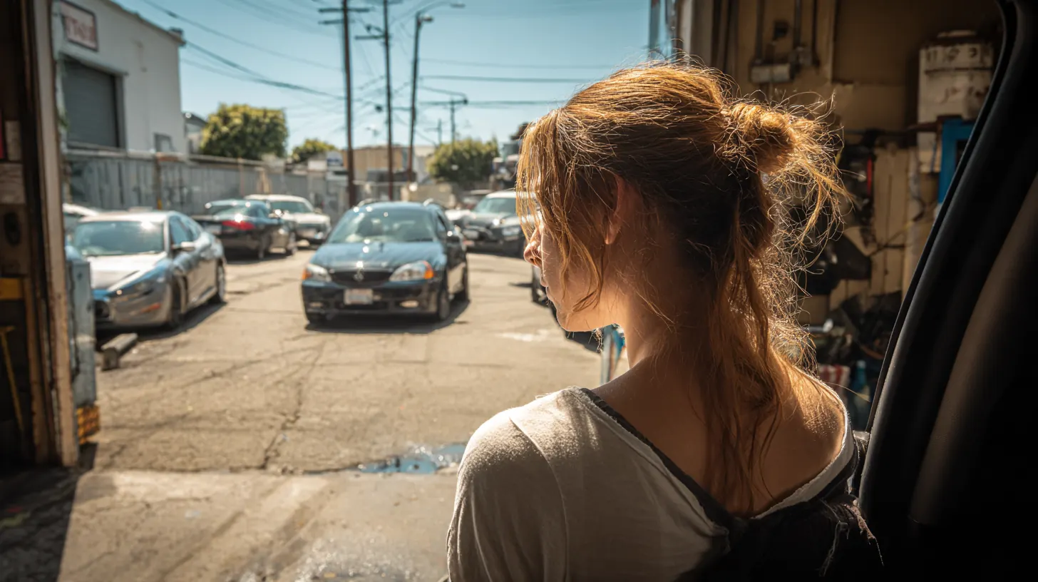 Woman driving out of a repair shop onto a sunny street after using Exeter Auto Loan, seen from the back seat