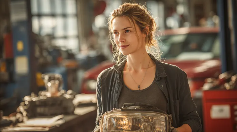 Woman carrying a new headlight assembly out of an auto parts store, illustrating the Exeter Auto Loan car repair cost guide