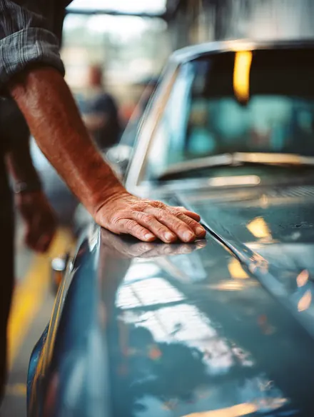 Hand running along the glossy hood of a polished used car