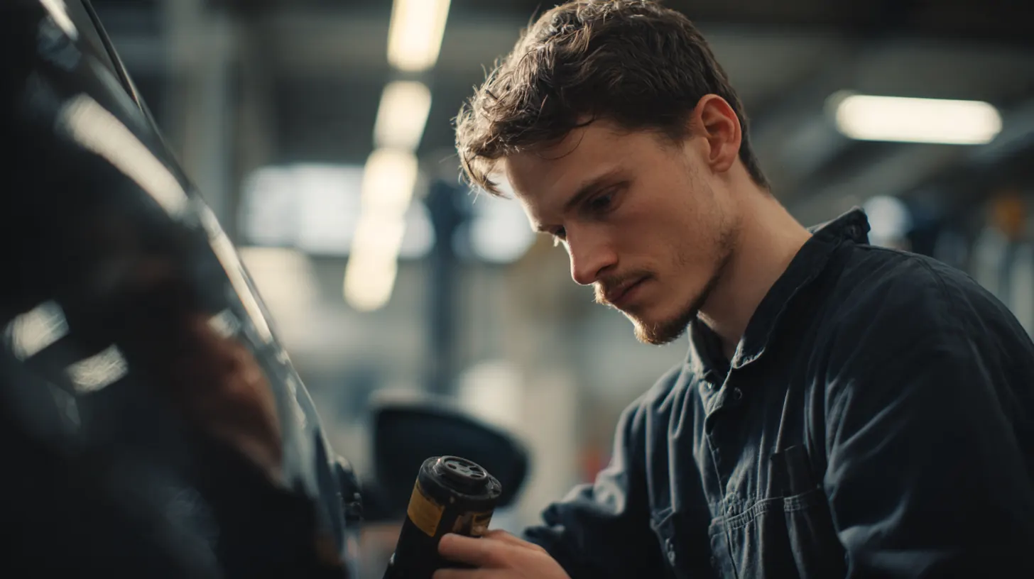 Technician in his 20s measuring SUV tread depth with a gauge, illustrating the Exeter Auto Loan brake and tire replacement guide