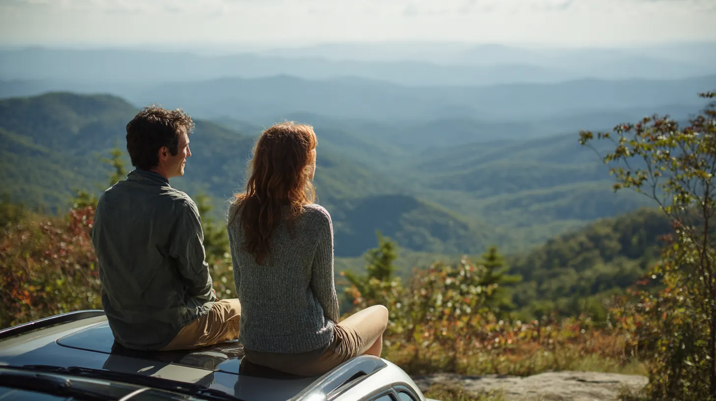 Couple in their 40s sitting on the hood of their crossover at a mountain overlook, reading the Exeter Auto Loan guide to APR
