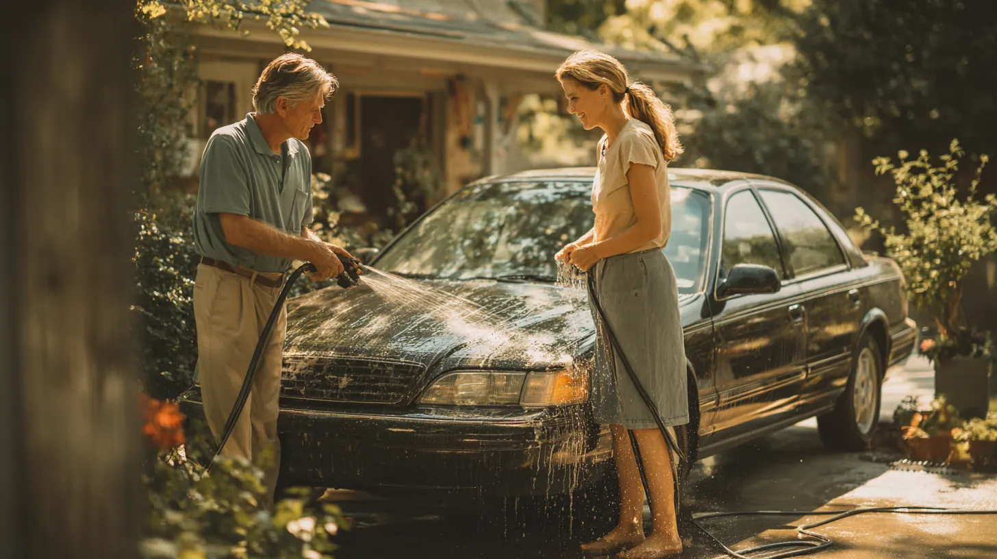 Couple in their 60s washing their sedan in the driveway, illustrating an Exeter Auto Loan guide to paying car insurance