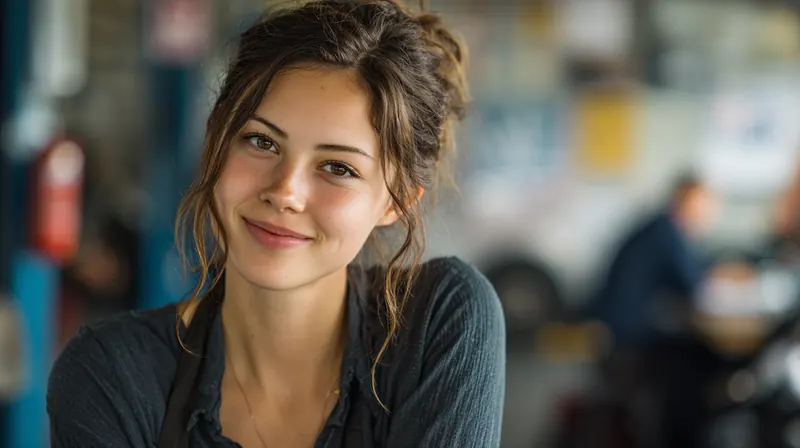 Woman in her 30s smiling in a tire shop waiting lounge, for the Exeter Auto Loan personal loan vs buy now pay later comparison