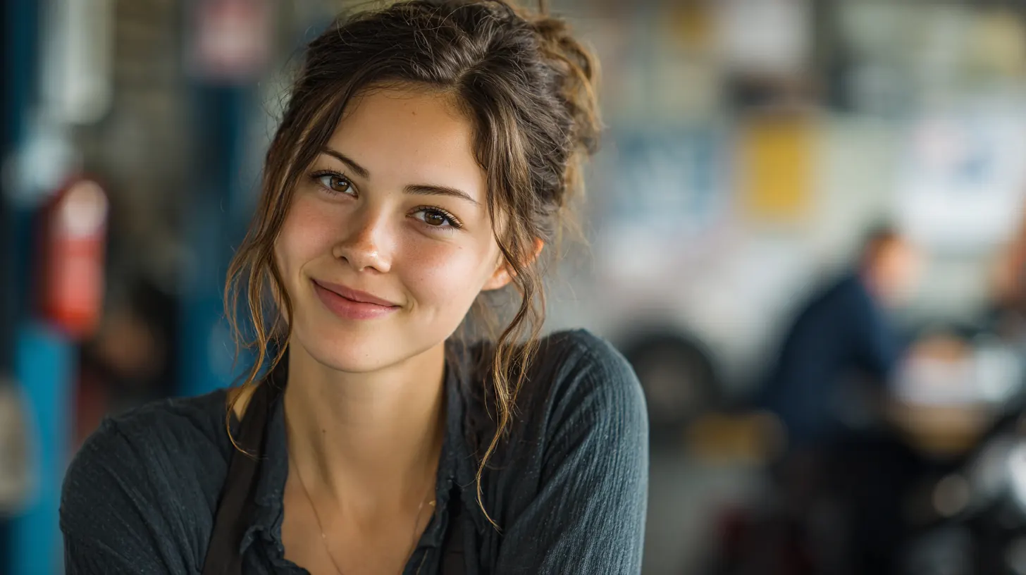 Woman in her 30s smiling in a tire shop waiting lounge, for the Exeter Auto Loan personal loan vs buy now pay later comparison