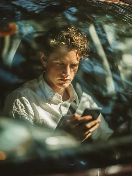 Young man in his 20s sitting in his parked car scrolling installment offers on his phone