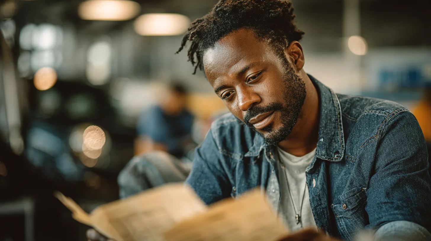 Man in a repair shop waiting area reading a printed repair estimate, weighing options in an Exeter Auto Loan comparison