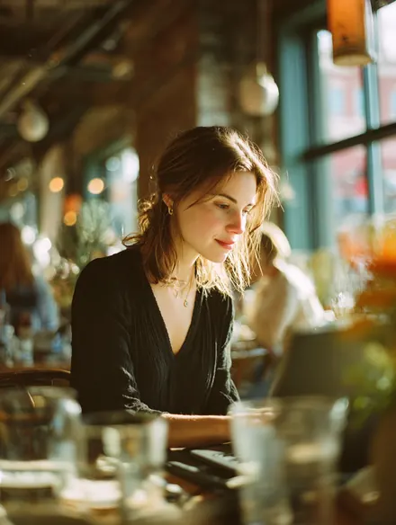 Woman comparing payment options on her laptop at a cafe table, seen over her shoulder