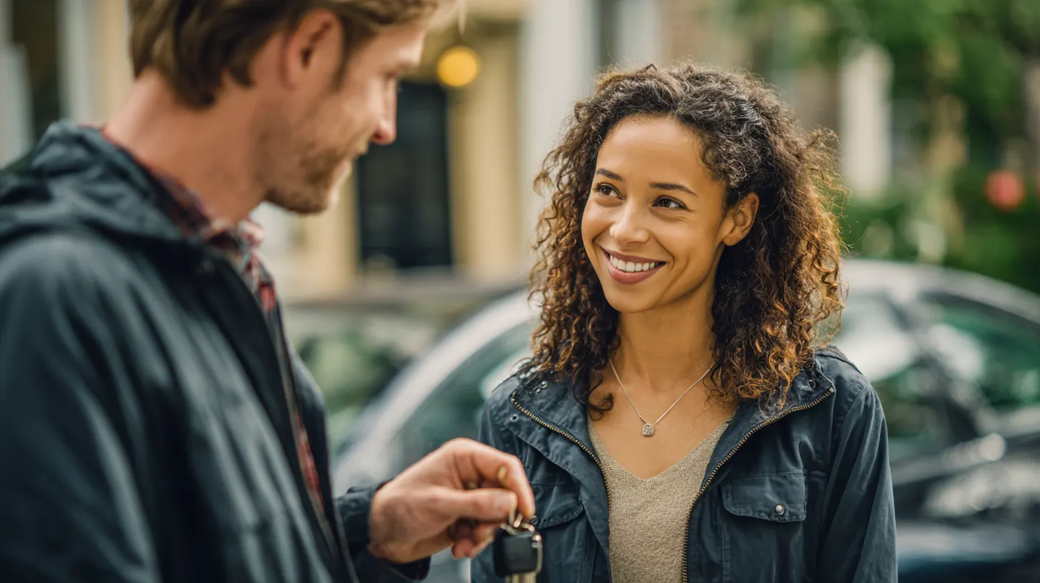 Couple locking their car with a key fob on a residential street, illustrating the Exeter Auto Loan privacy policy