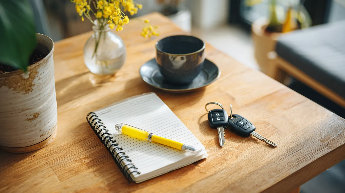 Car maintenance logbook, printed repair estimate, yellow highlighter and car keys on a wooden table while comparing Exeter Auto Loan rates