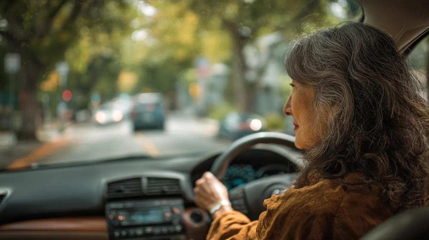 Exeter Auto Loan reviewer, a Latina woman in her 50s, relaxed at the wheel of her hybrid on a tree-lined road, seen from the back seat