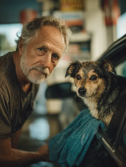 A man in his 60s drying his crossover with a microfiber towel at a self-serve car wash while his dog watches from the open rear door