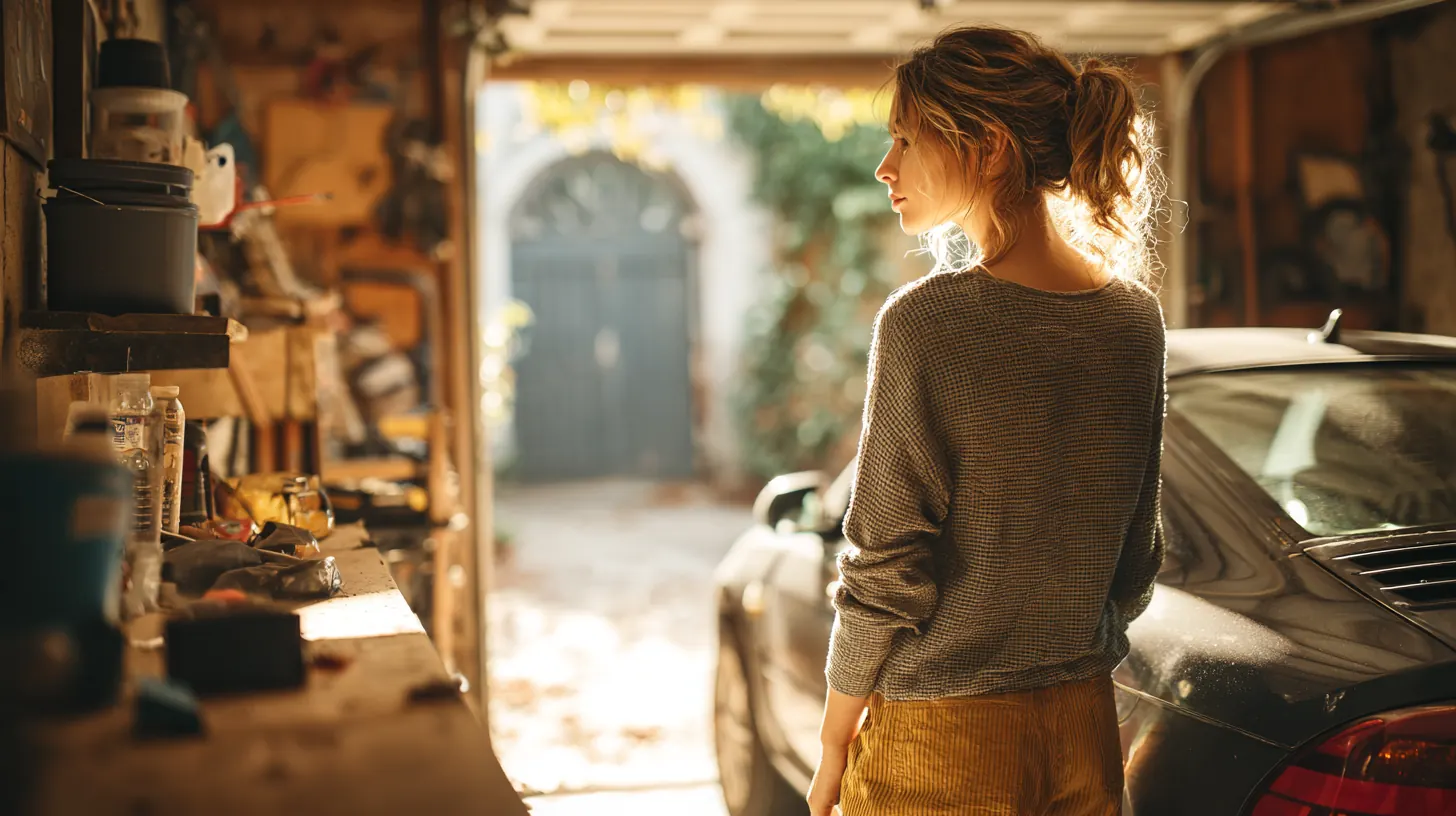 Woman in her 40s backing her newly bought car into her home garage, for the Exeter Auto Loan secured vs unsecured comparison