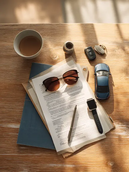 Folder of car paperwork with sunglasses and a smartwatch on a wooden table