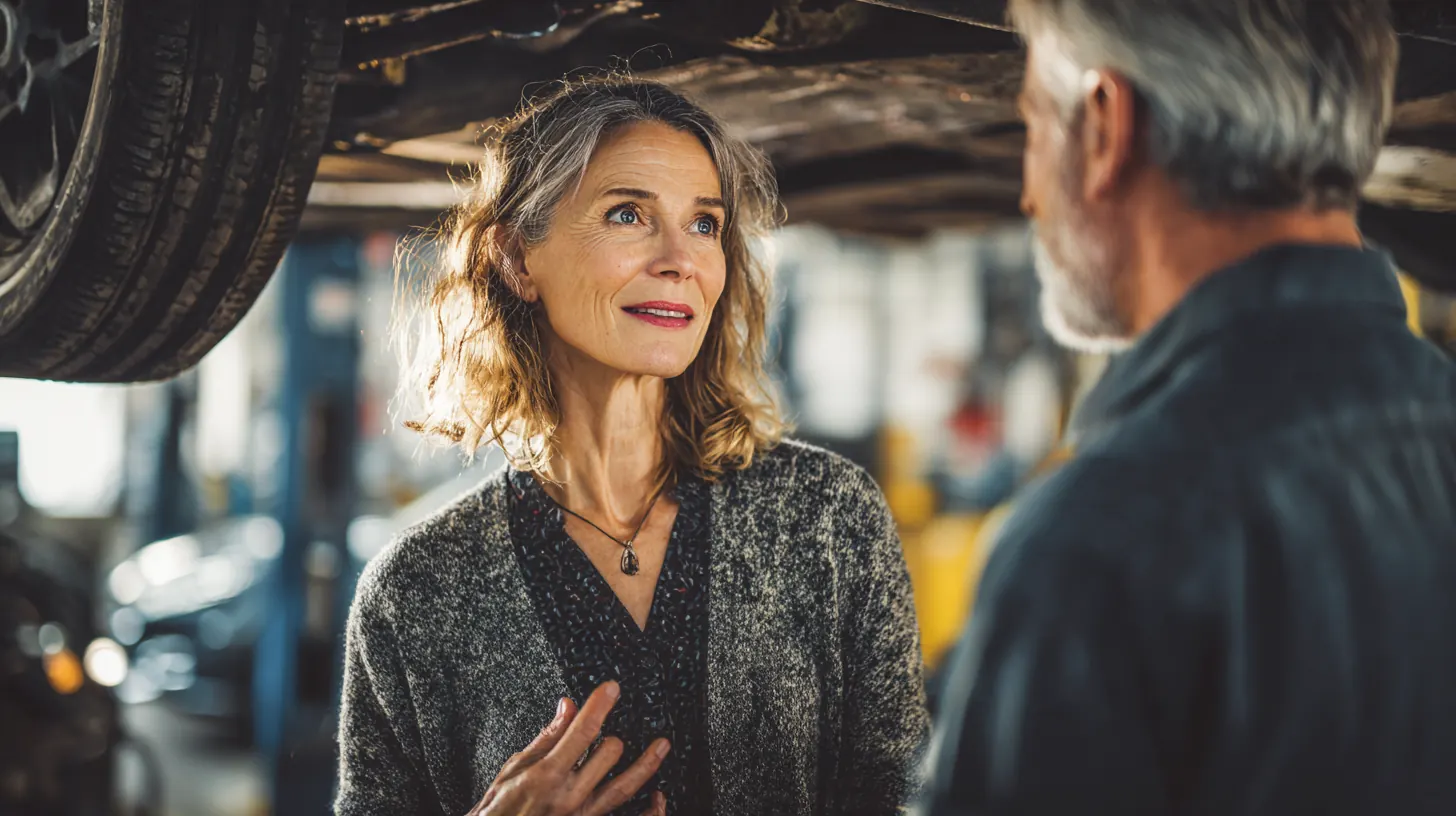 Woman in her 50s asking a mechanic about a worn part on the lift, checking a quote before an Exeter Auto Loan request