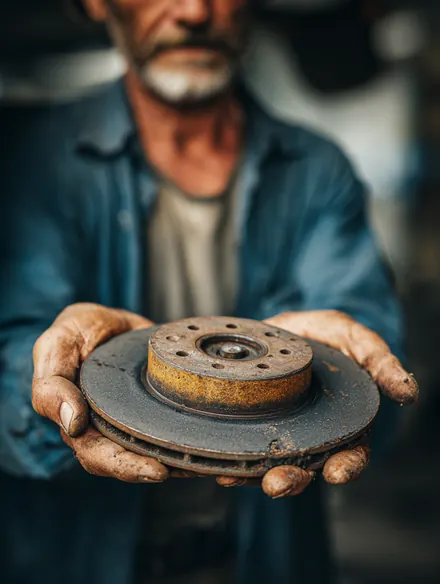 Mechanic's hand holding a worn brake pad next to a new brake pad for comparison