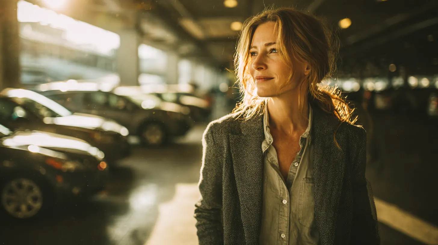 Woman walking to her car through a sunlit modern parking garage