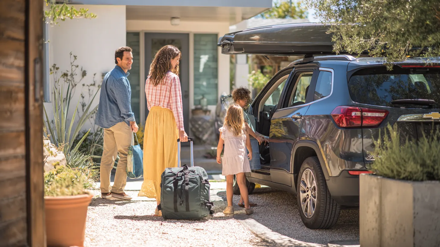 Family loading duffel bags into the trunk of their compact SUV in a sunny driveway, Exeter Auto Loan terms of use