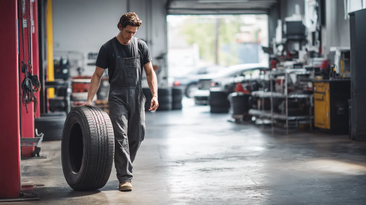Technician rolling a new tire across a modern tire shop floor for a driver using Exeter Auto Loan